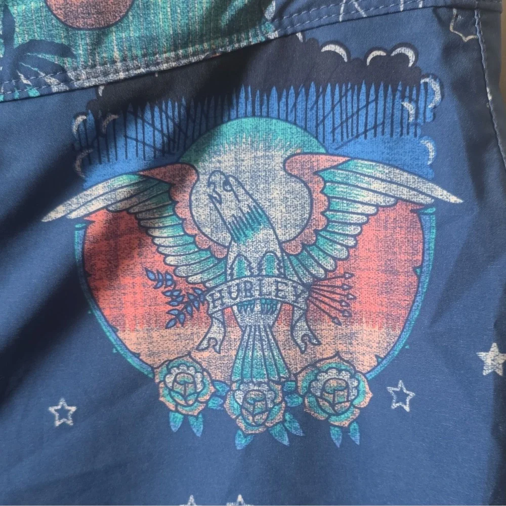 Hurley Men's Blue Tattoo Graphic Board Shorts Swim Size 32 Drawstring Pockets